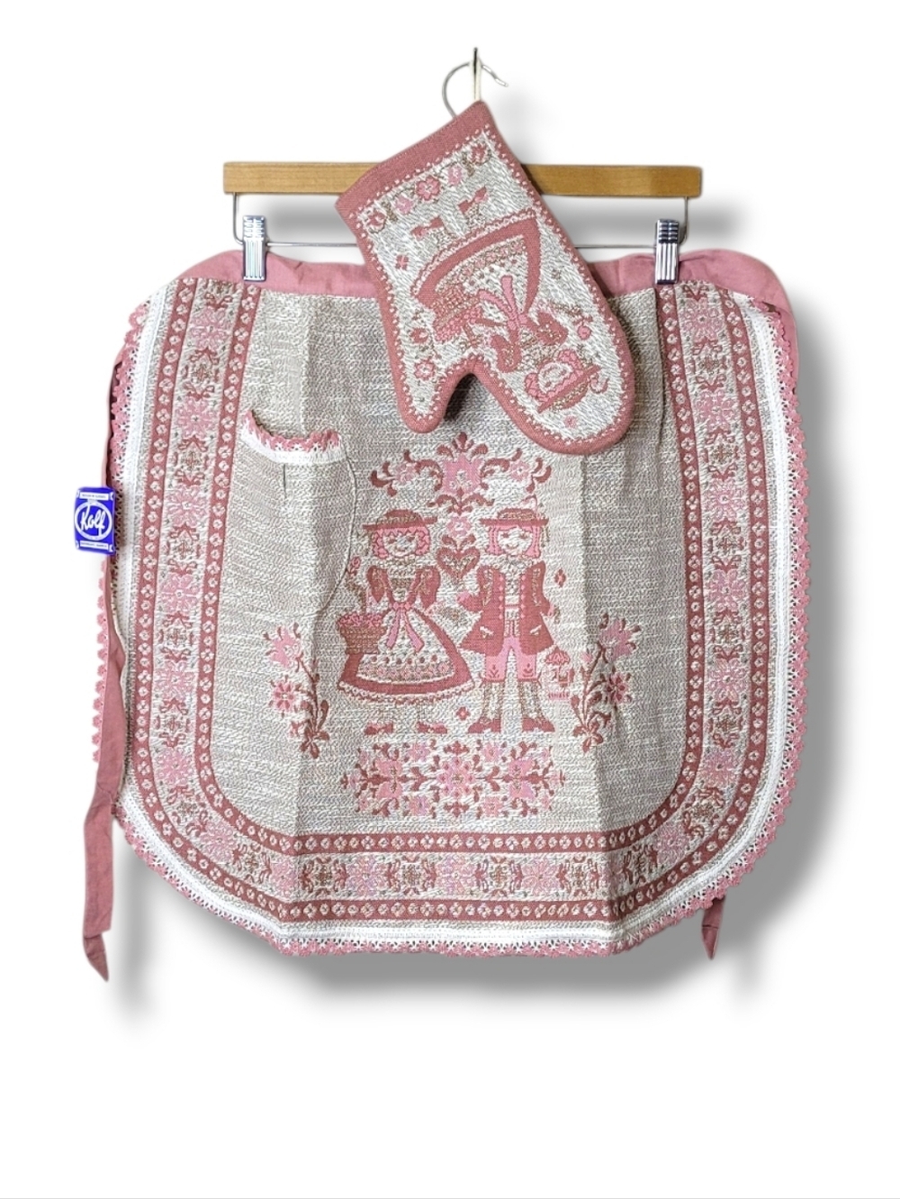 Vintage Kolf Austria Apron & Matching Oven Mit NWT Crochet Trim Linen Cotton